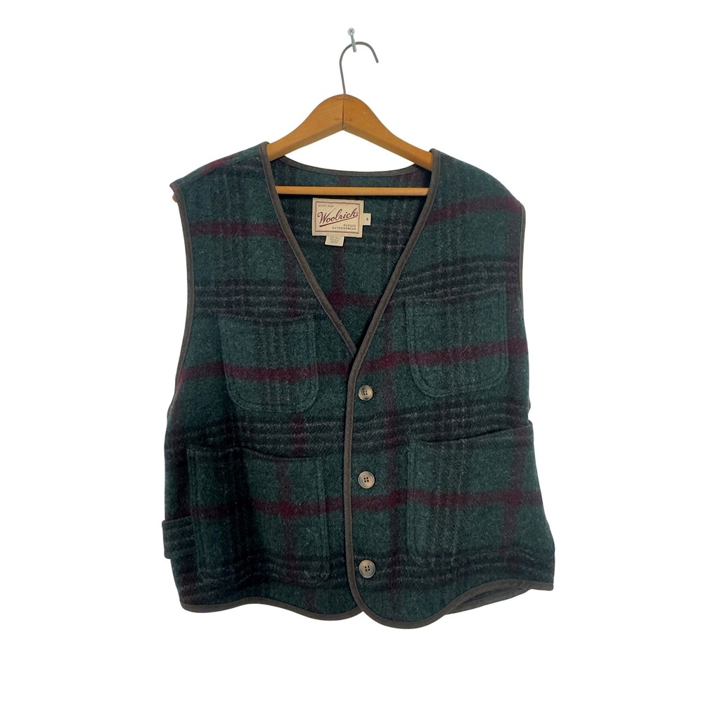 Vintage 90s Woolrich Plaid Wool Blend Vest Green Burgundy - Medium